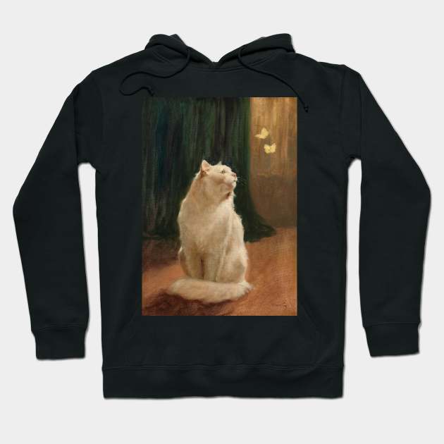 Painting of a white cat looking at butterflies Hoodie by mike11209